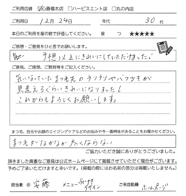 予想以上にきれいにしていただけました！気になっていたまつ毛先のチリチリやバラツキが見違えるぐらいきれいになりました！これからもよろしくお願いします。